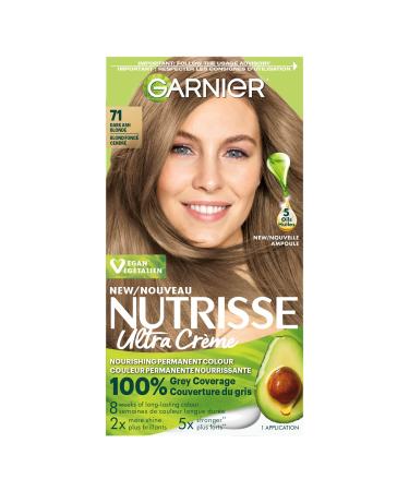 Garnier Nutrisse Ultra Cr me Permanent Hair Dye 100% Grey Coverage Vegan Formula Nourished Hair Long-Lasting Rich Colour 71 Dark Ash Blonde 1 Application Packaging May Vary BLONDE SHADES 71 Dark Ash Blonde