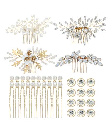 inSowni 36 Pack Gold Flower Bridal Wedding Crystal Hair Side Combs+U-shaped Pearl Hair Pins+Spiral Twist Rhinestone Hair Clips Barrettes Prom Headpieces Formal Hair Pieces Accessories for Brides Bridesmaids Women Girls