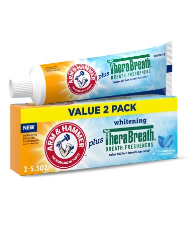ARM & Hammer Toothpaste Plus TheraBreath Breath Fresheners ICY Mint Flavor Teeth Whitening Toothpaste Anticavity Fluoride for Bad Breath 5.5 Oz (Pack of 2)