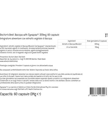 Doctor's Best Bacopa Synapsa Extract 320mg 60 Vegan Capsules | Lab Tested Gluten-Free Non-GMO | Vegetarian - Buy Online on GoSupps.com