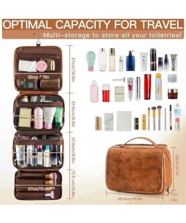Elviros Hanging Toiletry Bag - Multifunctional Travel Organizer for Men and Women - Water-resistant PU Leather Dopp Kit - Brown - Buy Online on GoSupps.com