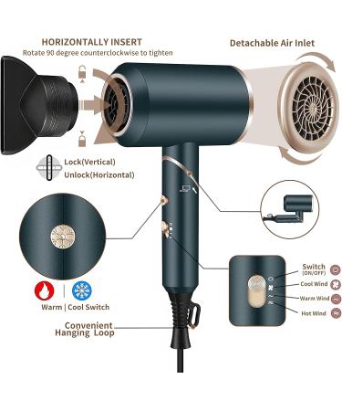 Ionic Hair Dryer 1800W Professional Hair Dryer with 2 Nozzles and 1 Diffuser Powerful Foldable & Portable Blow Dryer with 3 Heat Settings and 1 Cold Air Mode For Home Use and Travel Green - Buy Online on GoSupps.com