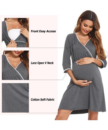 Sykooria Women's Cotton Nursing Nightdress - Dark Grey XL | Maternity Labor & Delivery Gown - Buy Online on GoSupps.com