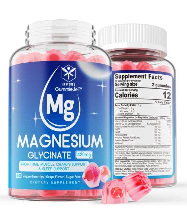 Sugar Free Magnesium Glycinate Filled Gummies 420mg High Absorption Magnesium Supplement w/Potassium D3 Ashwagandha Magnesium Chewable for Calm Sleep Mood & Nighttime Muscle Cramp Support Vegan