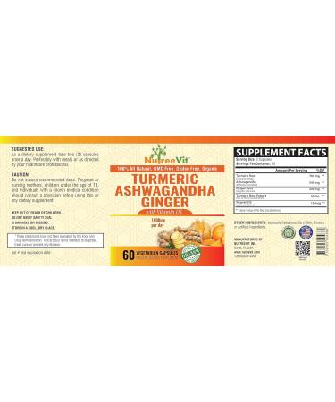 NutreeVit Organic Turmeric Ashwagandha Ginger Vitamin D3-60 Capsules - Extra Strength Ashwagandha Root Turmeric Supplement Immune Support - Ashwagandha Supplements with Natural Ginger and Turmeric - Buy Online on GoSupps.com