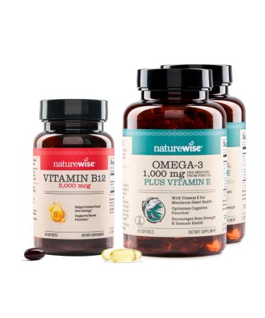 NatureWise 1 Vitamin B12 5000 mcg - Extra Strength - Non-GMO - 60 Softgels 60-Day Supply + (Pack of 2) Omega 3 Fish Oil 1000mg + Vitamin E - Wild-Caught - 60 Softgels 30-Day Supply