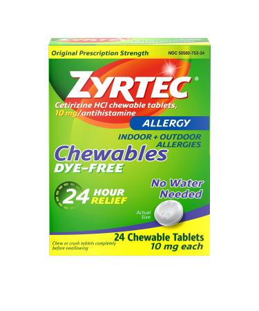 Zyrtec 24 Hour Allergy Relief Chewable Tablets, 10 mg Antihistamine Cetirizine HCl per Tablet, Medicine Relieves Hay Fever & Indoor & Outdoor Allergy Symptoms, Dye-Free, 24 Ct Chewable Tabs