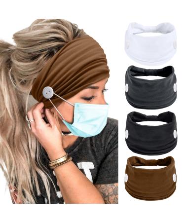 Wide Headbands with Button for Mask Women Nurses Headband No Slip Elastic Ear Protection Men Doctors Hairband Knotted Sport Sweatband Head Bands for Protect Ear Button Headbands 1