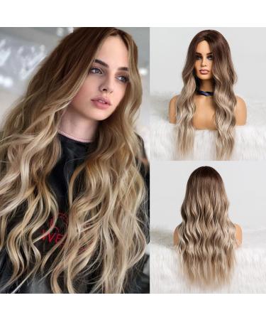 Haircube long corrugated wigs ombre blonde wigs for women heat -resistant synthetic wigs with a dark root for everyday life/party/cosplay (26 inches ash blond) 66.06 cm (1 Pack) Ash blonde