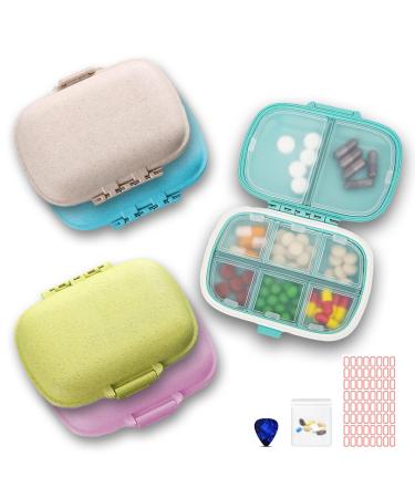 5 Pack Travel Pill Organizer 8 Compartments Easy Open Lid Portable Pill Case Daily Pill Organizer Moisture Proof Small Pill Box for Pocket (Blue+Light Blue+Pink+Khaki+Green)