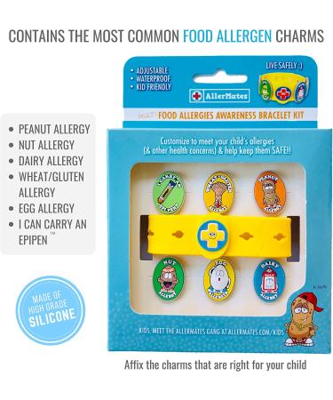 Kids Food Allergy Bracelet Kit - Yellow Silicone Bracelet with Peanut, Nut, Dairy, Egg, Wheat Charms - Epi Pen Charm Included - Medical Alert Bracelet - Buy Online on GoSupps.com