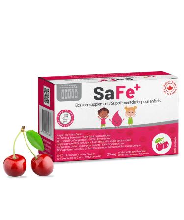 SaFe+ Liquid Iron for Children | Great Tasting Cherry Flavor | Easy to Use 20mg/2mL Iron per ampule | 30 Unit-Doses (2 ml Each) I Sugar Free & Allergen Free I Maintain Physical & Mental Wellbeing