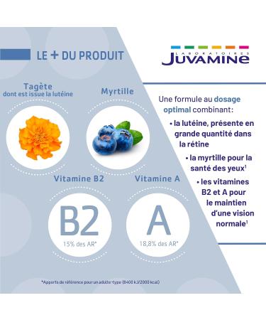 JUVAMINE - Lutein Blueberry and Vitamins A and B2 - Eye Health - Contributes to the maintenance of normal vision - 40-day program - Made in France - Buy Online on GoSupps.com