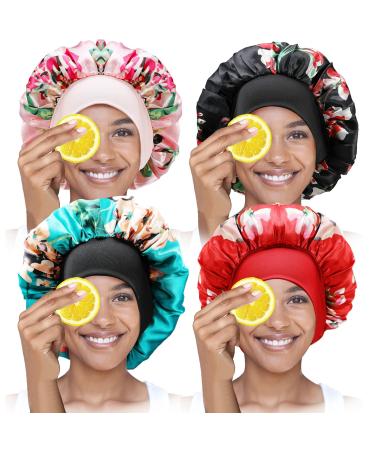 4 pieces satin sleeping hat women silk sleeping cap bonnet sample night sleep hat satin hair bonnet shower hoods cover hair turbana for women girls (green+red+pink+black)