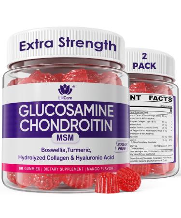 Glucosamine Chondroitin Gummies, Sugar Free Glucosamine Chondroitin MSM Supplement, Extra Strength with Boswellia Turmeric, Hydrolyzed Collagen & Hyaluronic Acid, Bone Health for Men & Women, 120 Cts 60 Count (Pack of 2)