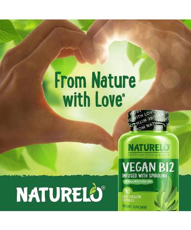 NATURELO Vegan B12 1000 mcg Methylcobalamin with Organic Spirulina - 90 Capsules - Supports Mood, Energy, Heart & Eye Health - Buy Online on GoSupps.com