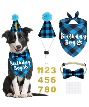 JOTFA Dog Birthday Party Supplies, Plaid Dog Birthday Boy Bandanas with Dog Birthday Party Hat Bow Tie Birthday Number for Small Medium Large Dogs Pets (Light Blue, Bandana & Hat & Bow Tie & Number) Bandana & Hat & Bow Tie & Number Light Blue