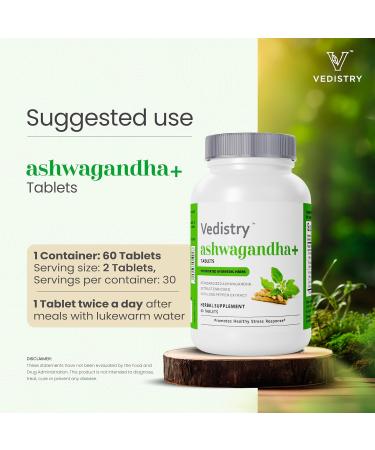 Vedistry Ashwagandha+ 1100mg Tablets with Long Pepper 60 Tablets | Natural Adaptogen for Stress Relief Mood Support Energy Boost & Adrenal Health | Vegan Ashwagandha Herbal Supplement | Pack of 1 - Buy Online on GoSupps.com