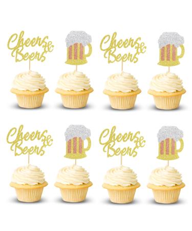 Arthsdite 24Pcs Cheers Beer Mug Cupcake Toppers Beers Cake Topper Decorations Cheers Beer Festival Celebrating Birthday Party Supplies - Gold Glitter