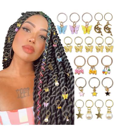 NAISKA 20Pcs Gold Butterfly Braid Clips Pearl Shiny Hair Dreadlock Accessories Colorful Butterflies Pendant Crystal Dreadlock Charms Star Braid Beads Clips Cuffs Rings Hair Jewelry Gifts for Women and Teen Girls