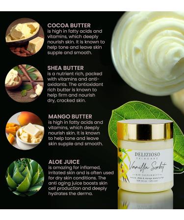 Delizioso Skincare Coconut Mango Body Butter Natural Vegan Raw Nourishment with Cocoa, Shea & Mango Butter Quick Absorbing Moisturizer for Full Body Handmade Cruelty Free Organics 8oz - Buy Online on GoSupps.com