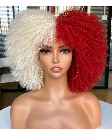 CurlCoo Short Curly Afro Wigs With Bangs for Black Women Kinky Curly Hair Wig Afro Synthetic Heat Resistant Full Wigs 14 Inch(White and Red)