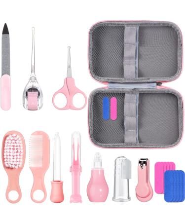 Baby Grooming Kit 12 in 1 Portable Baby Healthcare Safety Care Set  Hair Brush Comb Baby Nail Clippers Nasal Aspirator Set for Nursery Newborn Infant Girls Boys Keep Clean (Pink)