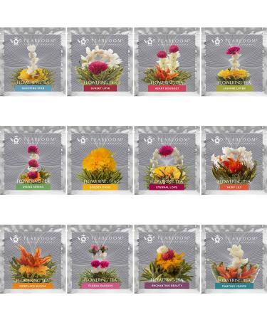Teabloom Flowering Tea Gift Set - 12 Hand-Tied Varieties - Blooming Tea Flowers - Green Tea Leaves & Edible Flowers - 12-Pack Canister - 36 Steeps - Buy Online on GoSupps.com