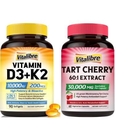 Vitalibre Vitamin D3 K2 Supplement 10000 IU 90 Softgels and Tart Cherry Capsules 60 Capsules