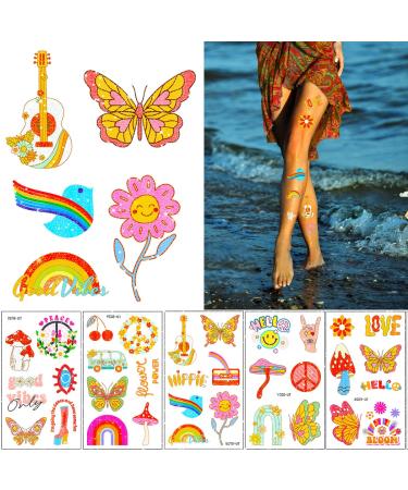 Groovy 70s Temporary Tattoos - 125 Flower Glitter Fake Tattoo Stickers | Waterproof Body Stickers for Retro Sparkle Hippie Theme Party (20 Sheets) - Buy Online on GoSupps.com