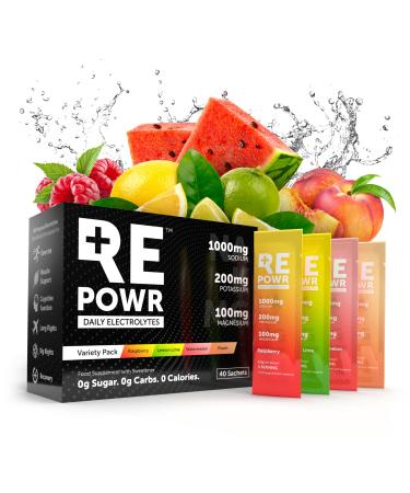 REPOWR - Electrolytes Made with Oryx Desert Salt | No Sugar. No Carbs. No Calories. | Clean Hydration for Healthy Diets Fasting and Exercise | Natural Ingredients | 40 Sachets Variety Pack Variety - Raspberry Lemon Lime Peach & Watermelon 40 Servings (Pac