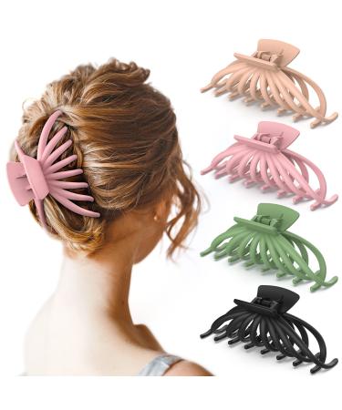 Hair Clips for Women - OPAUL Matte Nonslip Large Hair Claw Clips for Thick and Thin Hair, 4.7 Inch Strong Hold Big Hair Clips Fashion Hair Styling Accessories Christmas Gifts for Women Girls (4 Pack) Pink, Green, Khaki, Black