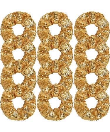 12 Pcs Gold Sequin Scrunchies Bridesmaid Scrunchies Elastics Ponytail Holders Hair Wrist Ties Bands Cloth Scrunchies for Show Gym Dance Party Club Girl Women