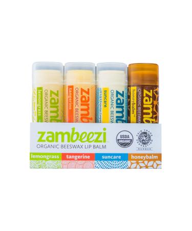 ZAMBEEZI Fair Trade Organic Beeswax Lip Balm - Variety 4 Pack (Lemongrass Tangerine Suncare and Honeybalm) - Ethically Sourced