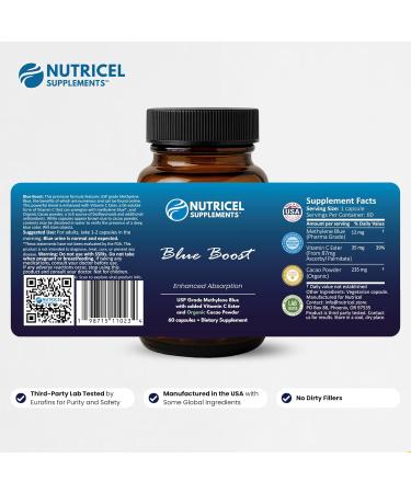 Nutricel Methylene Blue Capsules - Pharmaceutical Grade Supplement - Trusted Made in America Brand - 12mg (USP Reference Compliant) with Vitamin C Ester Enhanced Absorption - Third Party Tested (60ct) - Buy Online on GoSupps.com