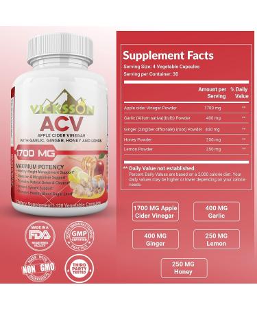 Vicksson Apple Cider Vinegar Pills 1700mg with Garlic, Ginger, Lemon & Honey | 120 Capsules for Weight Detox, Blood Sugar & Immune Support - Buy Online on GoSupps.com