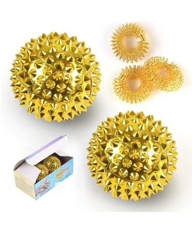2 pieces Magnetic Acupressure Balls & 3 pieces Massage rings for finger hedgehog ball massage Small 32 mm diameter Skills Borderline Set for stress relief or massage (gold)