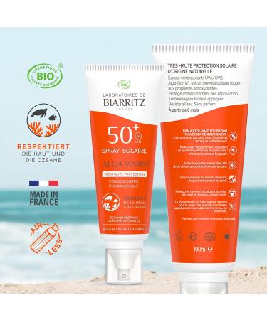 Laboratoires de Biarritz Sonnenpray LSF50+ ALGA Maris Bio Sunscreen - Certified for Babies Children & Adults - Light Fluid Texture - 100ml Made in France - Buy Online on GoSupps.com