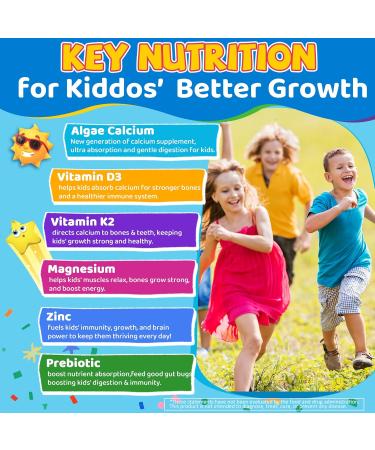 Kids Calcium Gummies + Vitamin D3 K2 Magnesium Zinc Extra Absorption Algae Calcium Supplement For Kids Gentle to Stomach Bone Teeth Muscle Brain Sugar Free Chewable Kids Vitamins 4+ 60 Counts 60 Count (Pack of 1) - Buy Online on GoSupps.com