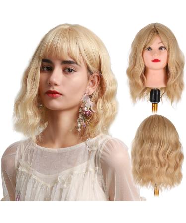 Pretfy Short Wave Blonde Bob Wig with Bangs | Gold Yellow Curly Wavy Hair Costume Cosplay Wig - Buy Online on GoSupps.com