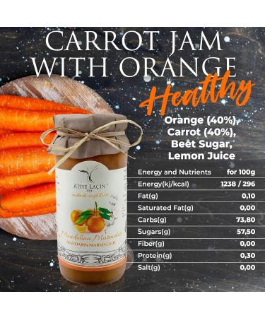 ATIYE LACIN Carrot Jam with Orange (Portakalli Havuc Receli) | Made by 100% Natural Hand-picked Carrot & Orange | Preservative Colorant Thickener Additive Free | No Refined Sugar | 100% Vegan | 250g - Buy Online on GoSupps.com