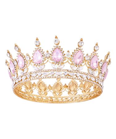 Crowns for women vofler queen tiara baroque vintage gold pink crystal rhinestone stone hair accessories for women girls bride princess promote birthday wedding pageant halloween costume party pink