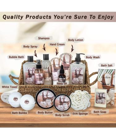 Coconut Vanilla Bath Spa Gift Set - 15 piece Luxury Basket with Bubble Bath, Body Lotion, Bath Salts, and More - Shower Puff, Bath Bombs, Soap and Towel Included - Buy Online on GoSupps.com