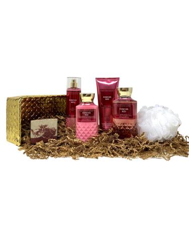 Bath & Body Works Forever Red Deluxe Gold Woven Basket Gift Set with Marbela Cherry On Top Bar Soap and Loofah - Unisex Whole Body Skin Care Set