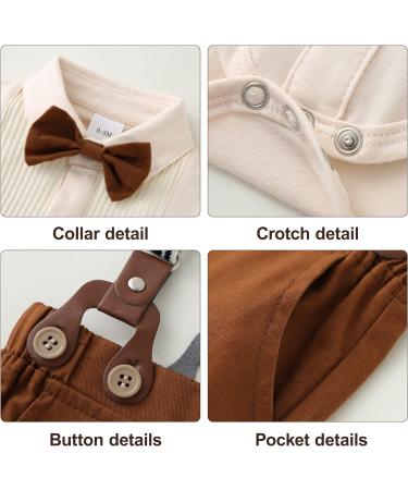 ZOEREA Baby Boy Gentleman Outfit Set | Romper Jumpsuit, Bow Tie, Suspender Pants | 3-6 Months Beige - Buy Online on GoSupps.com
