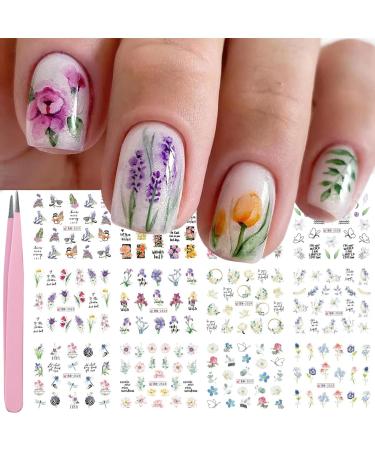 VOTACOS 12 Sheets Flower Nail Art Stickers Decals Summer Lily Nail Decals Water Transfer Nail Art Supplies Orchid Butterfly Dragonfly Colorful Design Nail Accessories for Women Nail Decorations. Flower Nail Stickers-1