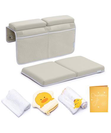 Bath Kneeler with Elbow Rest Pad Set, 1.75 inch Thick Kneeling Pad and Elbow Support for Knee Arm Support, Large Bathtub Kneeling Mat with Toy Organizer for Happy Baby Bathing Time, Beige Beige Large (Pack of 1)