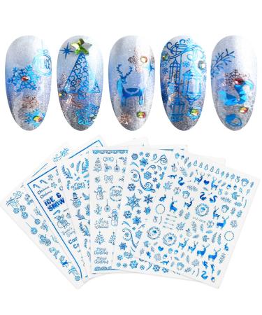JMEOWIO Christmas Nail Art Stickers 9 Sheets Self Adhesive Nail Decals Snowflake Reindeer Pattern DIY Design Nail Decoration for Women Girls - Blue
