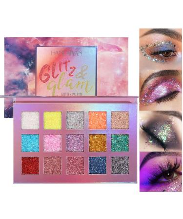 Rechoo 15 colors eyes shadow pallet glitter glitter eyeshadow palette colorful sequins sparkling make-up pallet shimmer eye glitter powder chunky body glitter gel for cosmetics festival C-15 color glitter