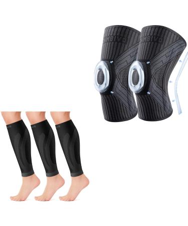 CAMBIVO 3 Pairs Calf Compression Sleeve bundled with 2 Pack Knee Brace with Side Stabilizers & Patella Gel Pad